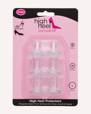three pairs of clear high heel protectors, size s (1/4 in) m (3/8 in) and l (1/2 in). High heel protectors. prevents heels from sinking into grass, sand & cracks.
